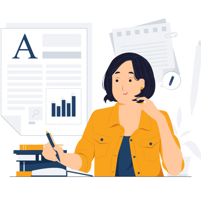 Content writing on paper sheet, writer, journalist, author, and copywriter concept illustration