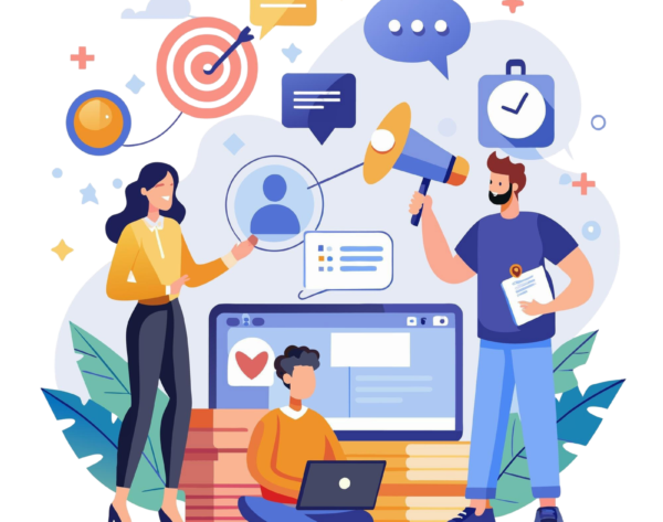 group-people-using-megaphone-laptop-digital-creators-advertise-business-content-online-marketing-social-media-simple-minimalist-flat-vector-illustration
