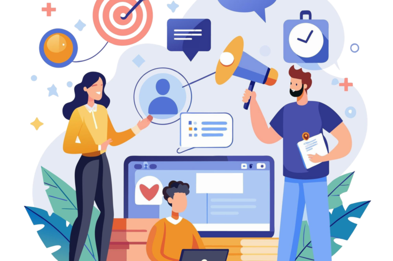 group-people-using-megaphone-laptop-digital-creators-advertise-business-content-online-marketing-social-media-simple-minimalist-flat-vector-illustration
